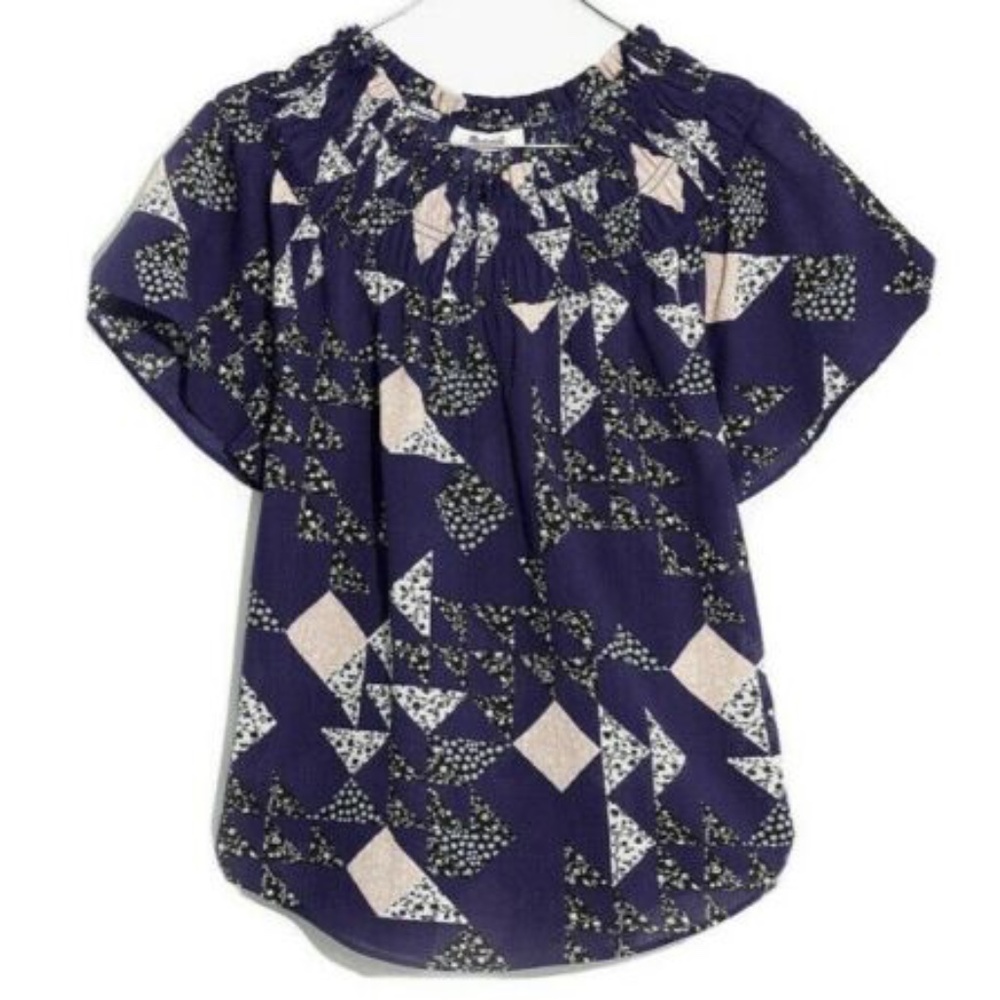 Madewell Smock Neck Purple Patchwork Small Top